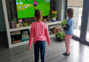 dwie siostry biorą udział w zajęciach ruchowych przed ekranem telewizora